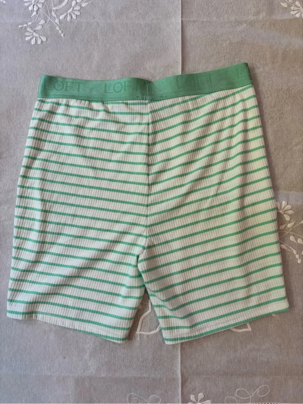 LOFT 2 Piece Bike Short Pajama Set Green Striped Ribbed Jersey Knit Lounge Wear